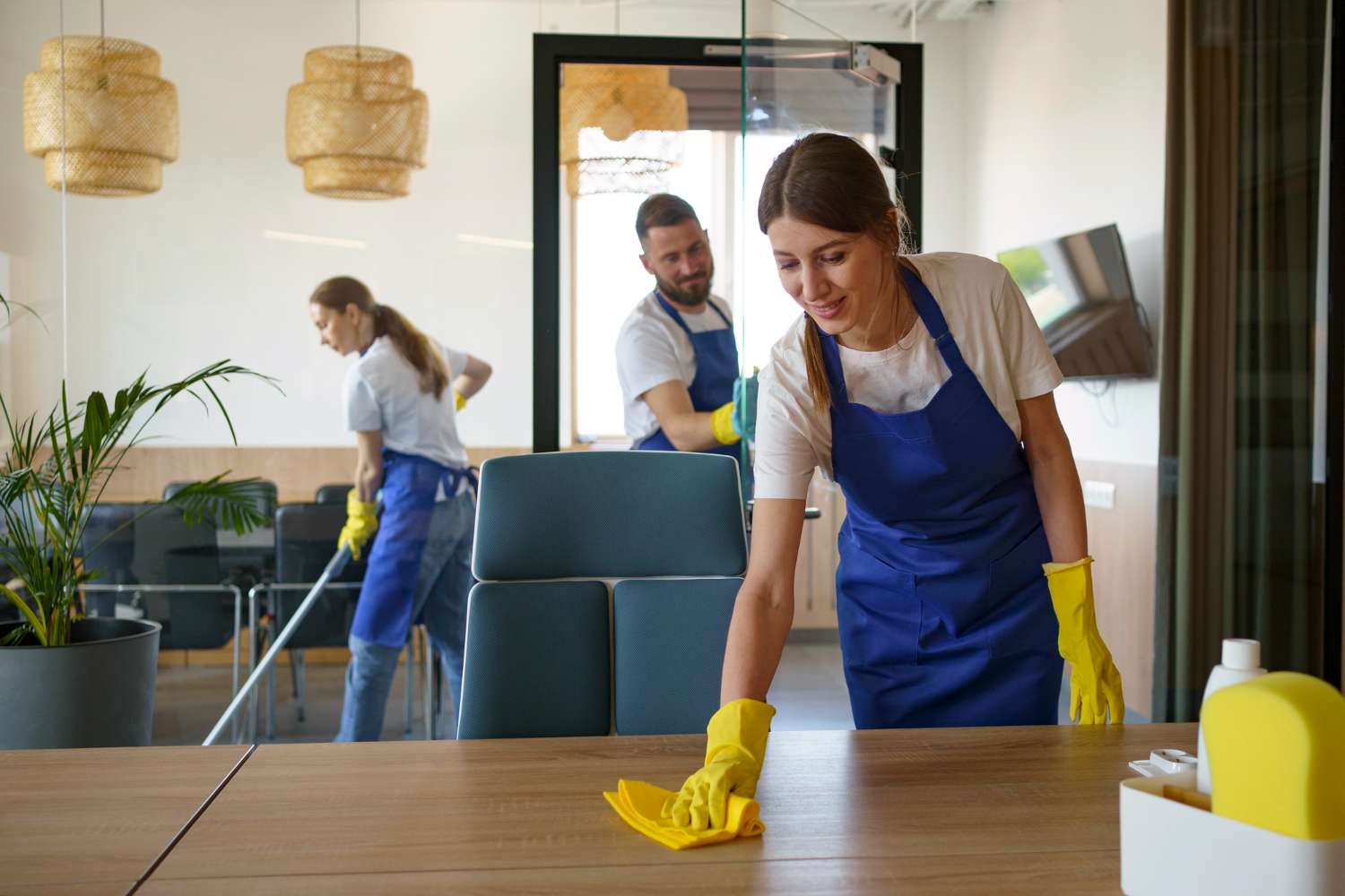 professional cleaning service people working together office